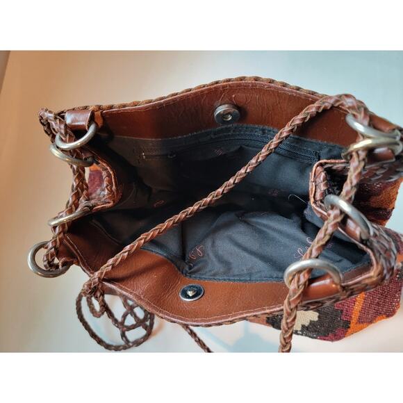 Vintage J Simone Crossbody Bag 70s MCM Woven Kilim Double Strap Brown Orange - Picture 4 of 11